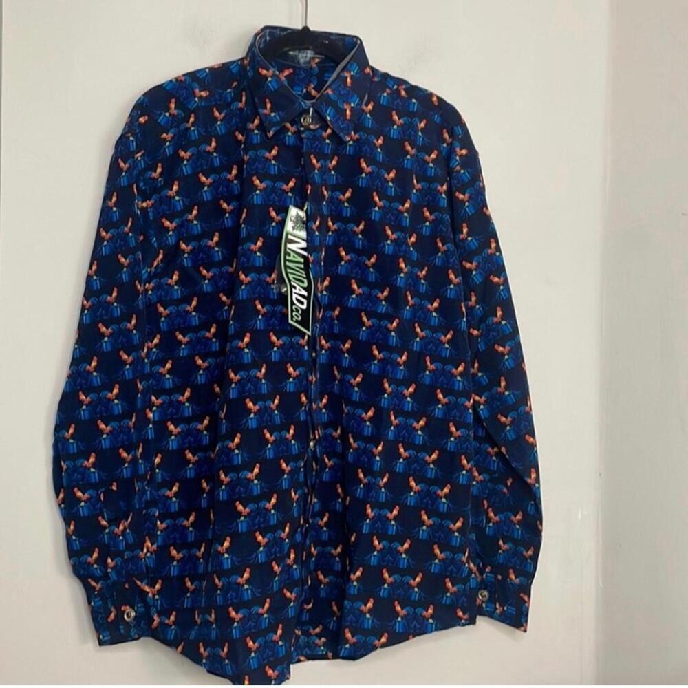 NWT Navidad Blue Long Sleeve Button Down Novelty Print Rooster Men’s Shirt